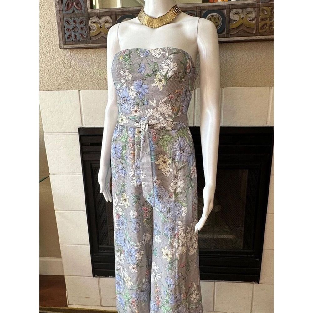 H&M Floral Strapless Wide Leg Jumpsuit in Gray with Pastel Floral Print